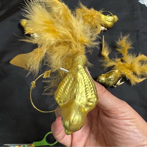 Set of Four Gold Bird Glittery Clip on Glass Ornaments with Feathers - Picture 6 of 8